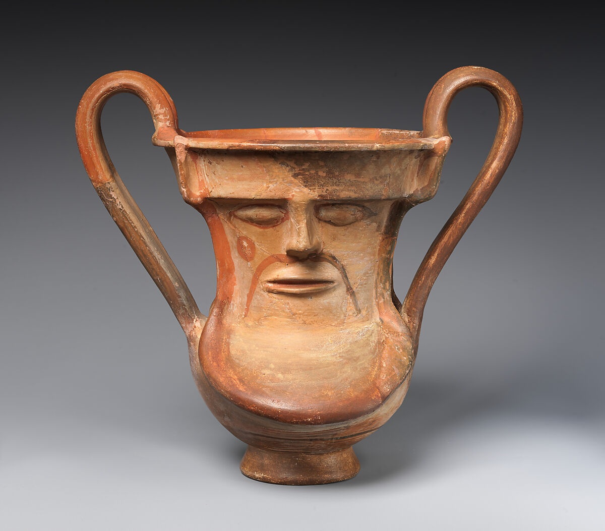 Terracotta kantharos (wine cup) with a satyr's mask on both sides, Terracotta, Lydian