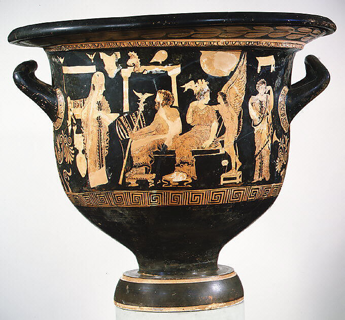 Terracotta bell-krater (mixing bowl), Attributed to the Sarpedon Painter, Terracotta, Greek, South Italian, Apulian