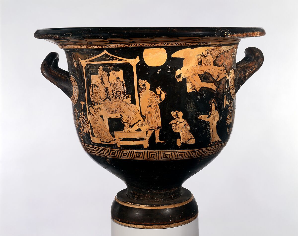 Terracotta bell-krater (mixing bowl), Attributed to the Sarpedon Painter, Terracotta, Greek, South Italian, Apulian
