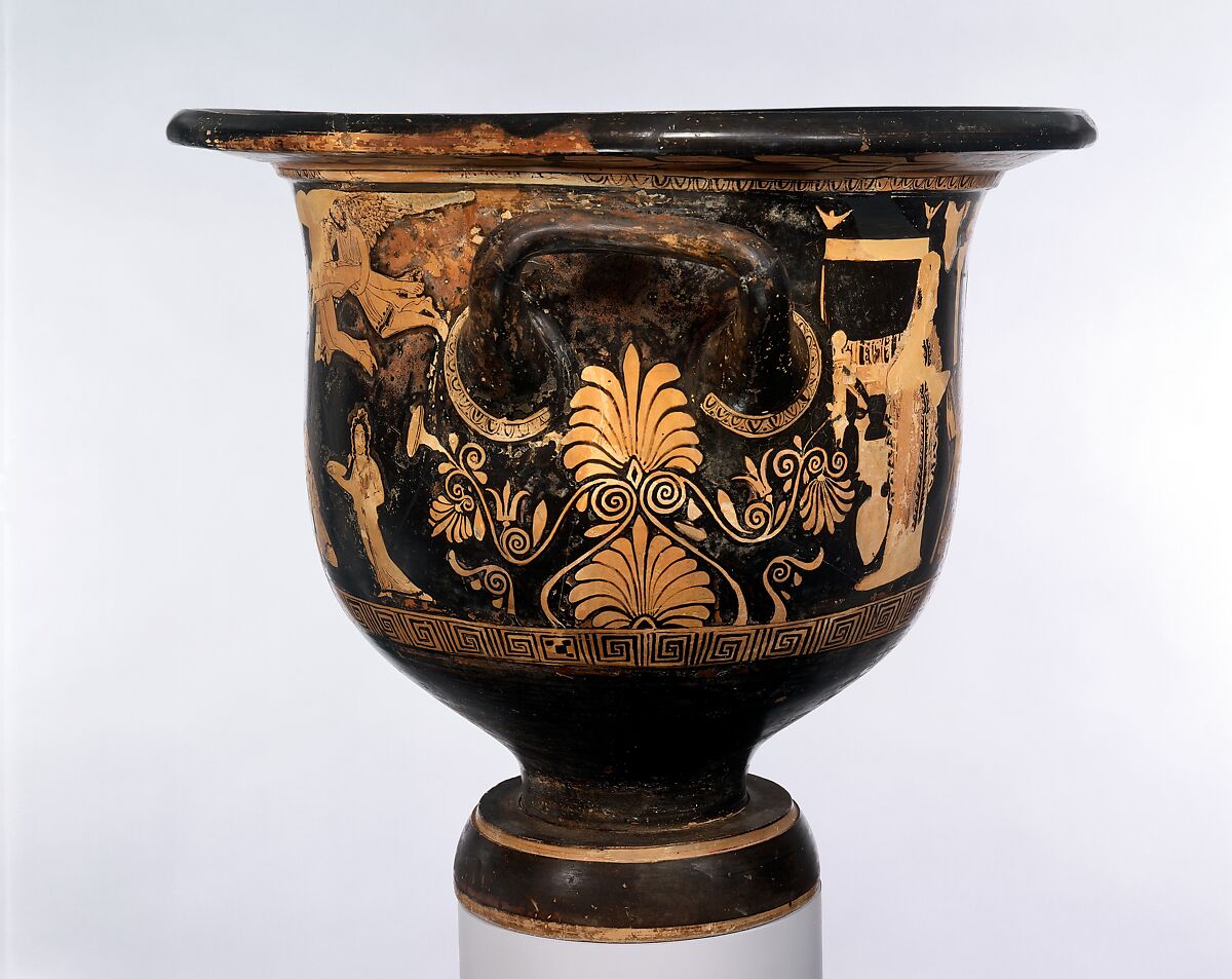 Terracotta bell-krater (mixing bowl), Attributed to the Sarpedon Painter, Terracotta, Greek, South Italian, Apulian