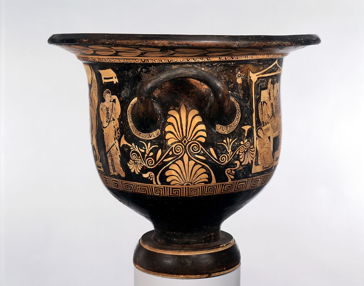 Terracotta bell-krater (mixing bowl), Attributed to the Sarpedon Painter, Terracotta, Greek, South Italian, Apulian