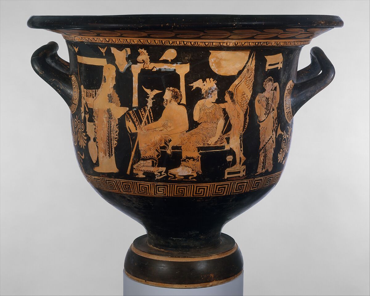 Terracotta bell-krater (mixing bowl), Attributed to the Sarpedon Painter, Terracotta, Greek, South Italian, Apulian 