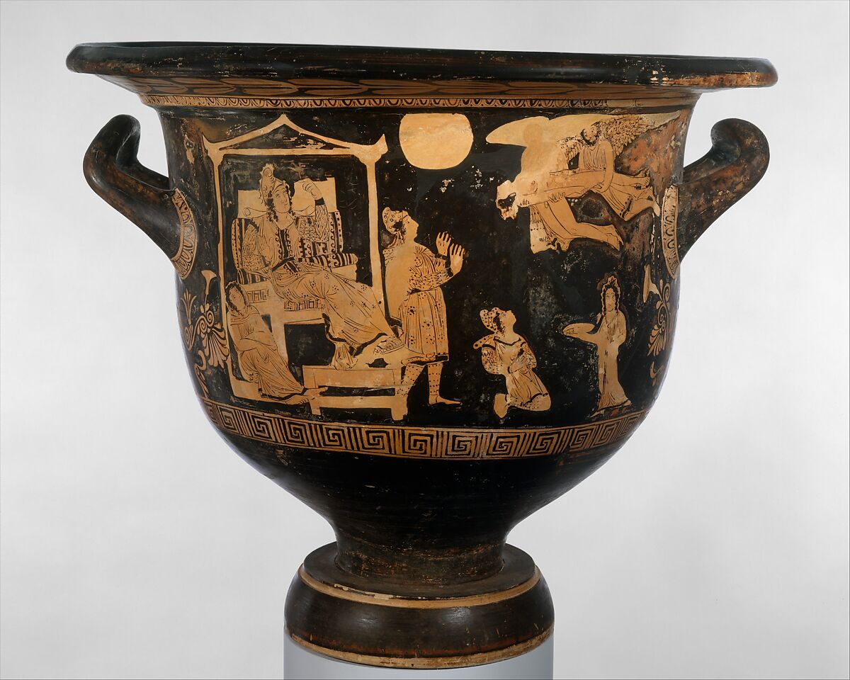 Terracotta bell-krater (mixing bowl), Attributed to the Sarpedon Painter, Terracotta, Greek, South Italian, Apulian