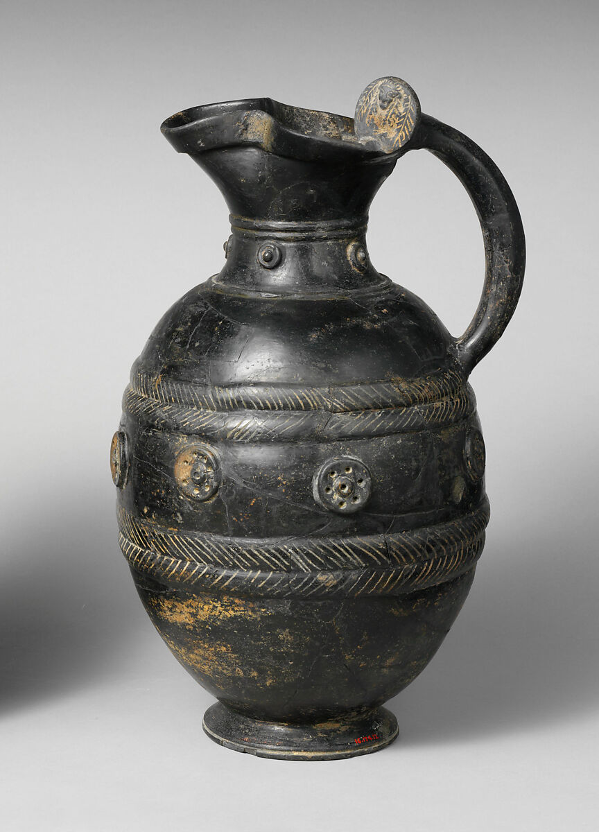 Terracotta trefoil oinochoe (jug), Terracotta, Etruscan 