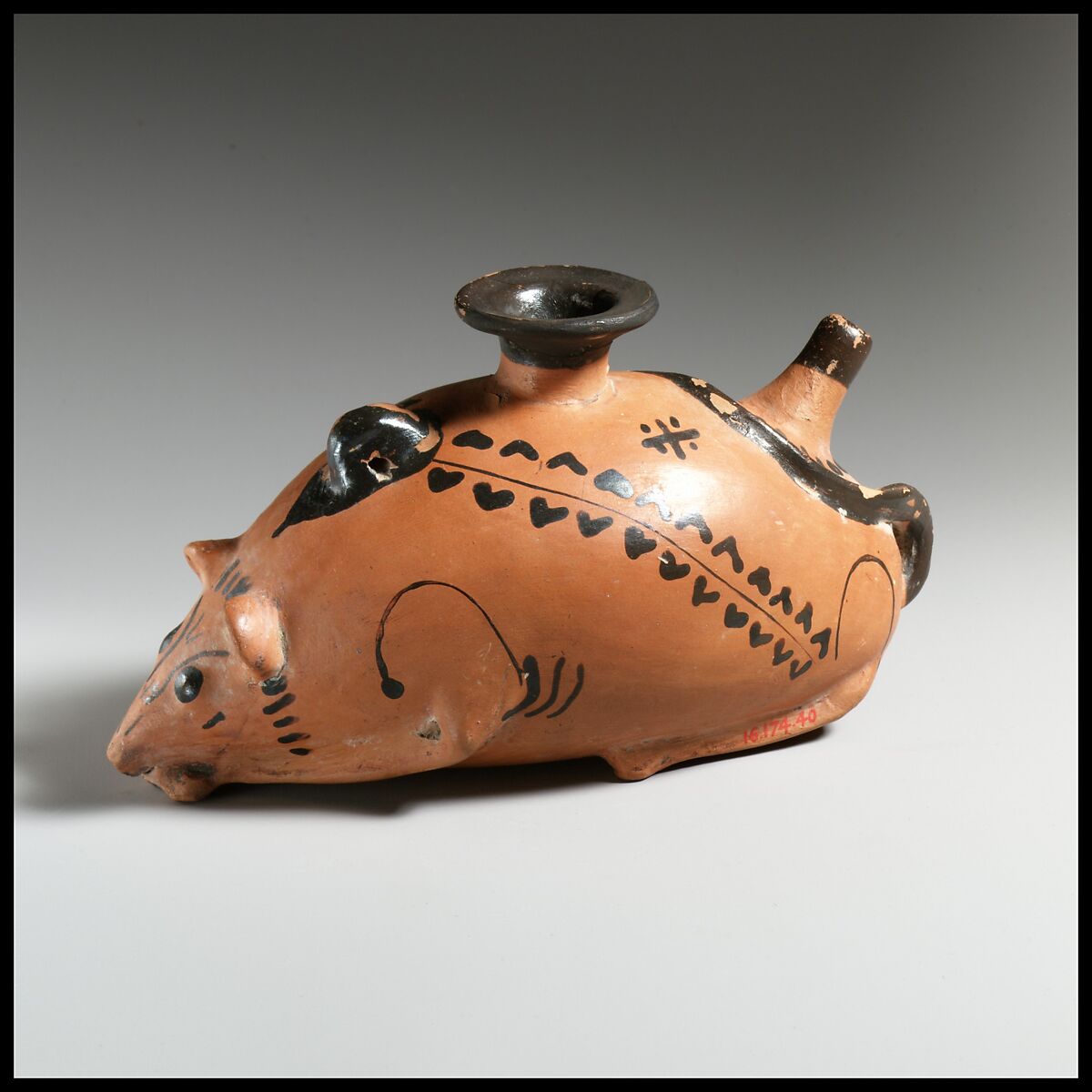 Terracotta vase in the form of a mouse, Attributed to the Randazzo Group, Terracotta, Greek, Sicilian 