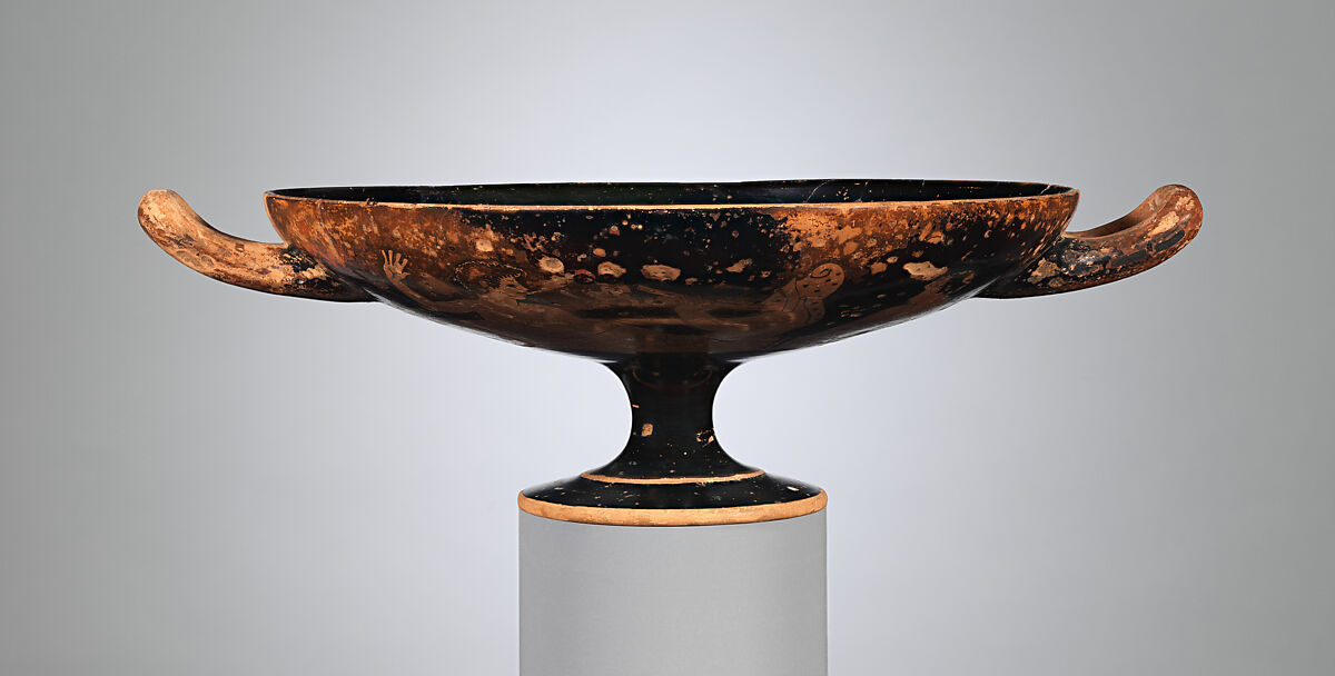 Terracotta kylix (drinking cup), Attributed to the Colmar Painter, Terracotta, Greek, Attic