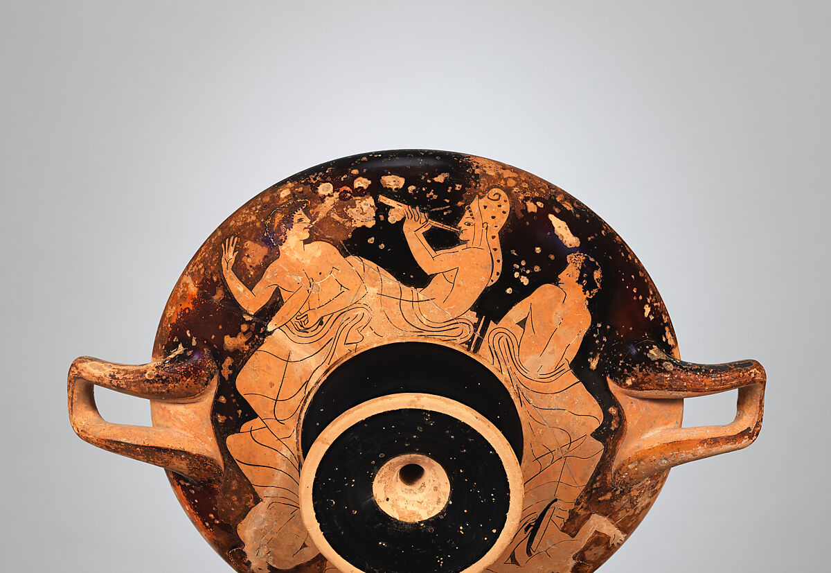 Terracotta kylix (drinking cup), Attributed to the Colmar Painter, Terracotta, Greek, Attic