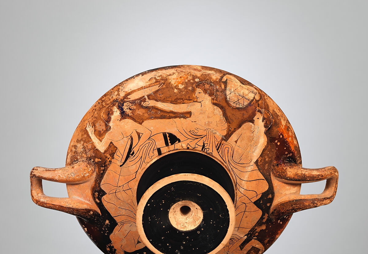Terracotta kylix (drinking cup), Attributed to the Colmar Painter, Terracotta, Greek, Attic