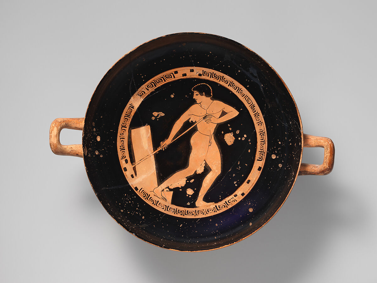 Terracotta kylix (drinking cup), Attributed to the Colmar Painter, Terracotta, Greek, Attic 