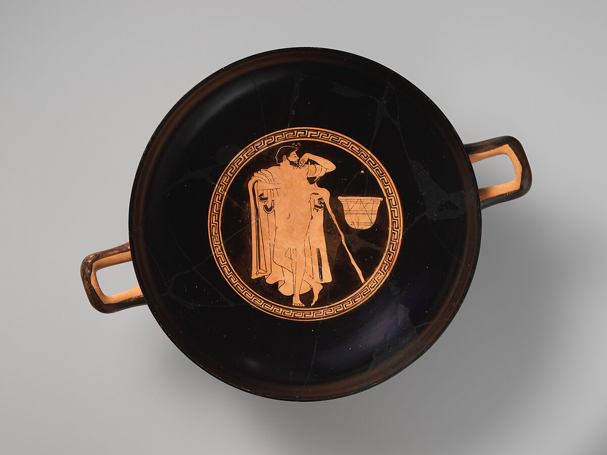 Terracotta kylix (drinking cup), Attributed to the Brygos Painter, Terracotta, Greek, Attic 