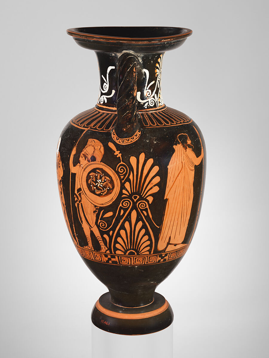 Terracotta neck-amphora (jar) with twisted handles, Attributed to the Suessula Painter, Terracotta, Greek, Attic