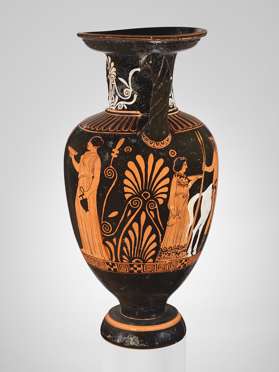 Terracotta neck-amphora (jar) with twisted handles, Attributed to the Suessula Painter, Terracotta, Greek, Attic