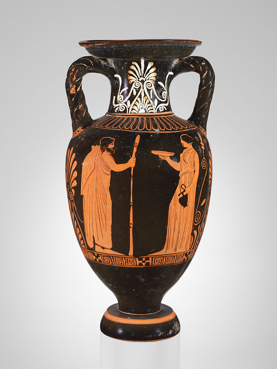 Terracotta neck-amphora (jar) with twisted handles, Attributed to the Suessula Painter, Terracotta, Greek, Attic