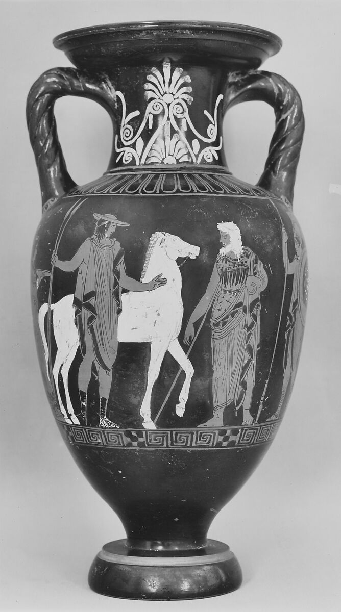 Terracotta neck-amphora (jar) with twisted handles, Attributed to the Suessula Painter, Terracotta, Greek, Attic 