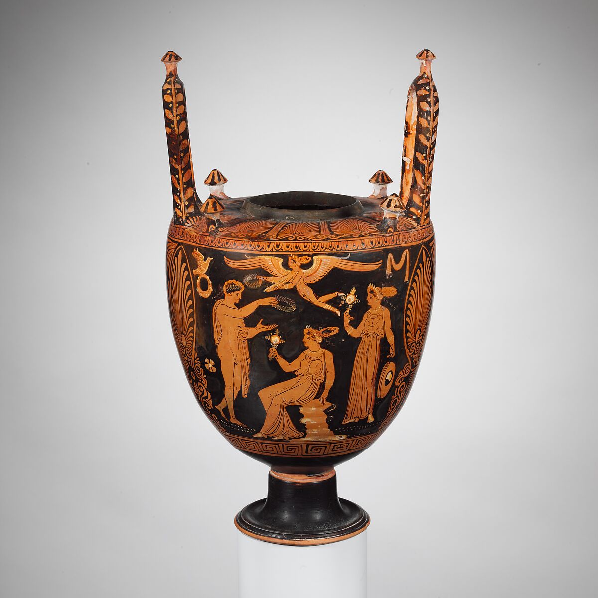 Terracotta lebes gamikos (jar with lid, foot, and handles associated with weddings), Attributed to the Group of New York 28.57.10, Terracotta, Greek, South Italian, Apulian