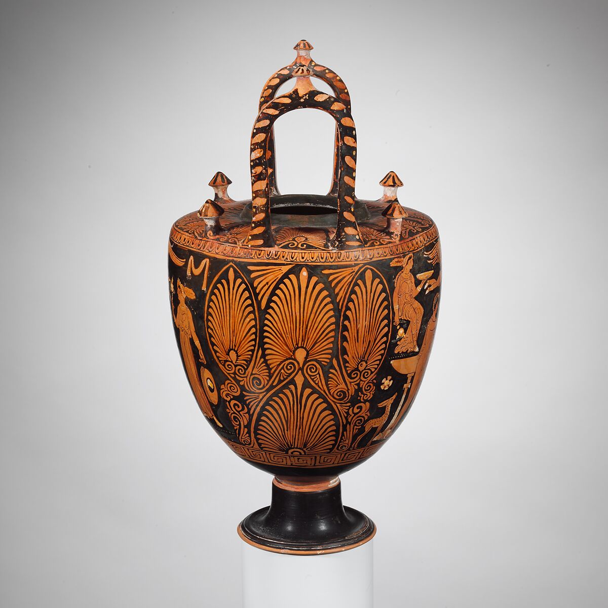 Terracotta lebes gamikos (jar with lid, foot, and handles associated with weddings), Attributed to the Group of New York 28.57.10, Terracotta, Greek, South Italian, Apulian