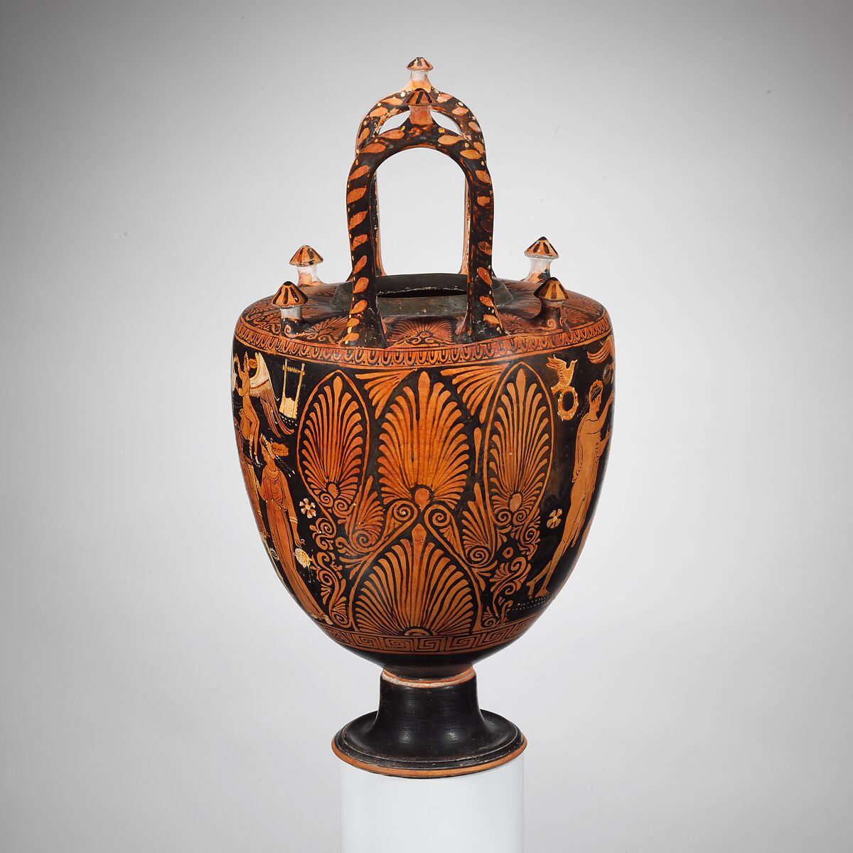 Terracotta lebes gamikos (jar with lid, foot, and handles associated with weddings), Attributed to the Group of New York 28.57.10, Terracotta, Greek, South Italian, Apulian