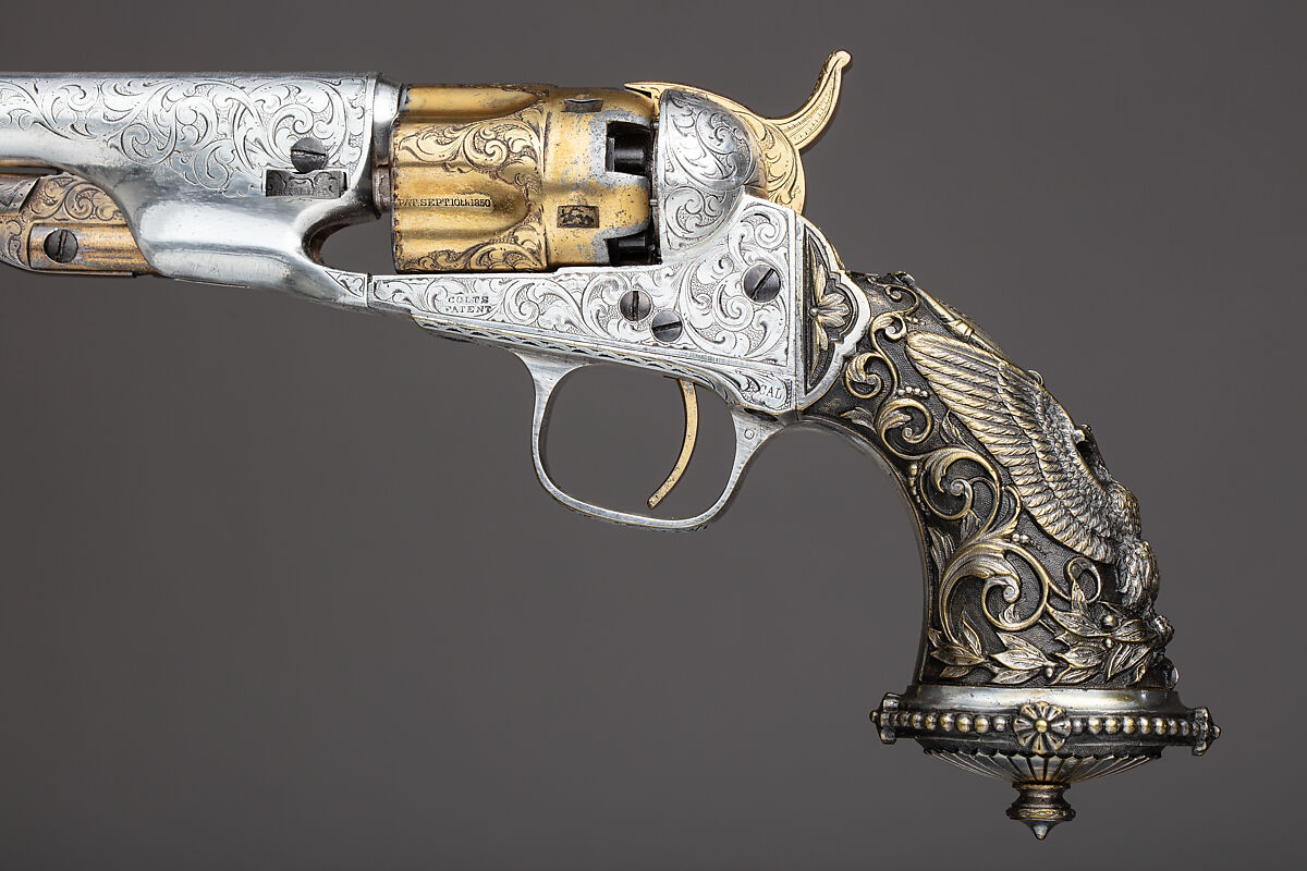 Cased Colt Model 1862 Police Revolver, Serial no. 9174, with Thuer Conversion for Self-contained Cartridges, and Accessories, Samuel Colt (American, Hartford, Connecticut 1814–1862), Steel, gold, silver, brass, wood (rosewood), textile, American, Hartford, Connecticut and New York