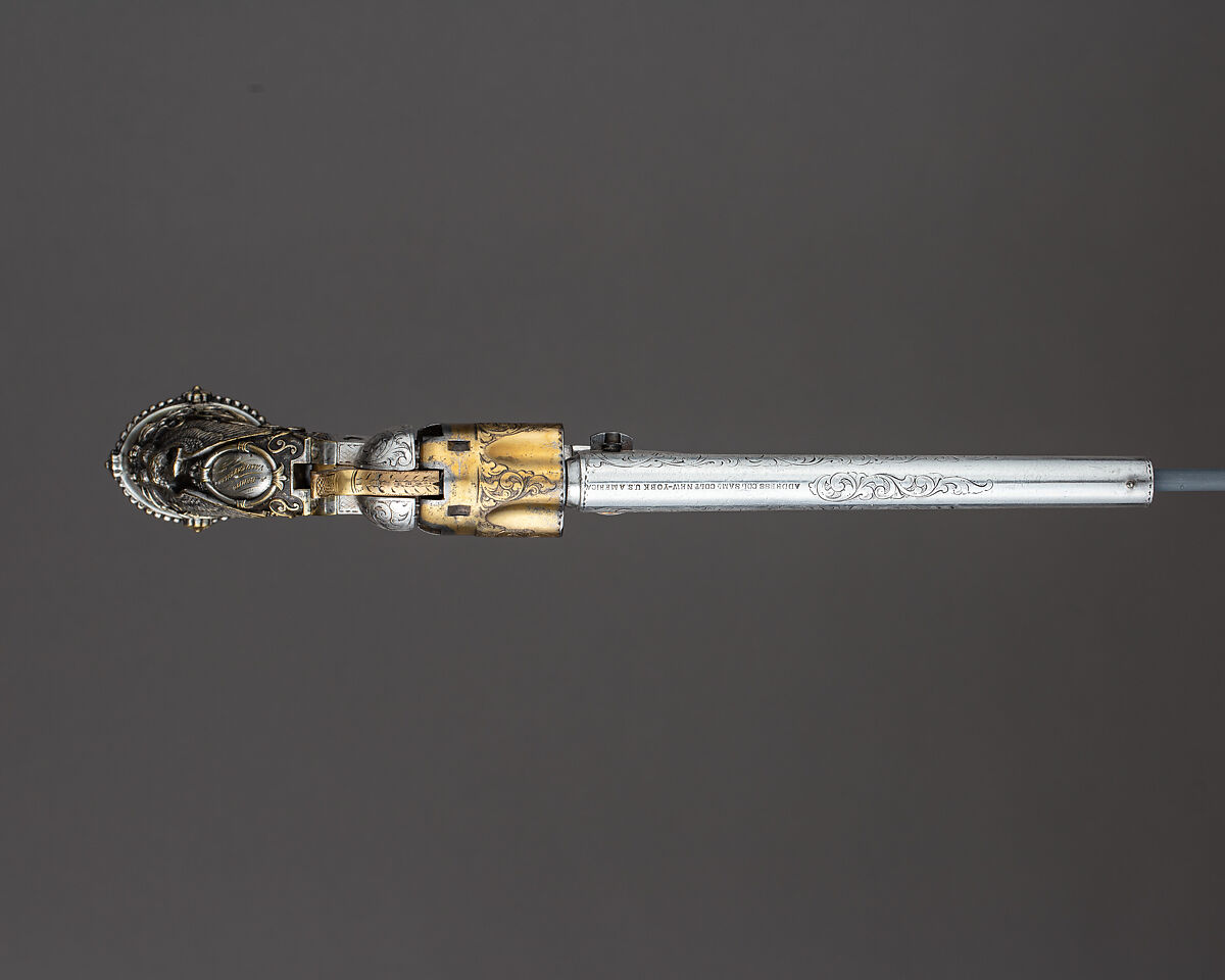 Cased Colt Model 1862 Police Revolver, Serial no. 9174, with Thuer Conversion for Self-contained Cartridges, and Accessories, Samuel Colt (American, Hartford, Connecticut 1814–1862), Steel, gold, silver, brass, wood (rosewood), textile, American, Hartford, Connecticut and New York