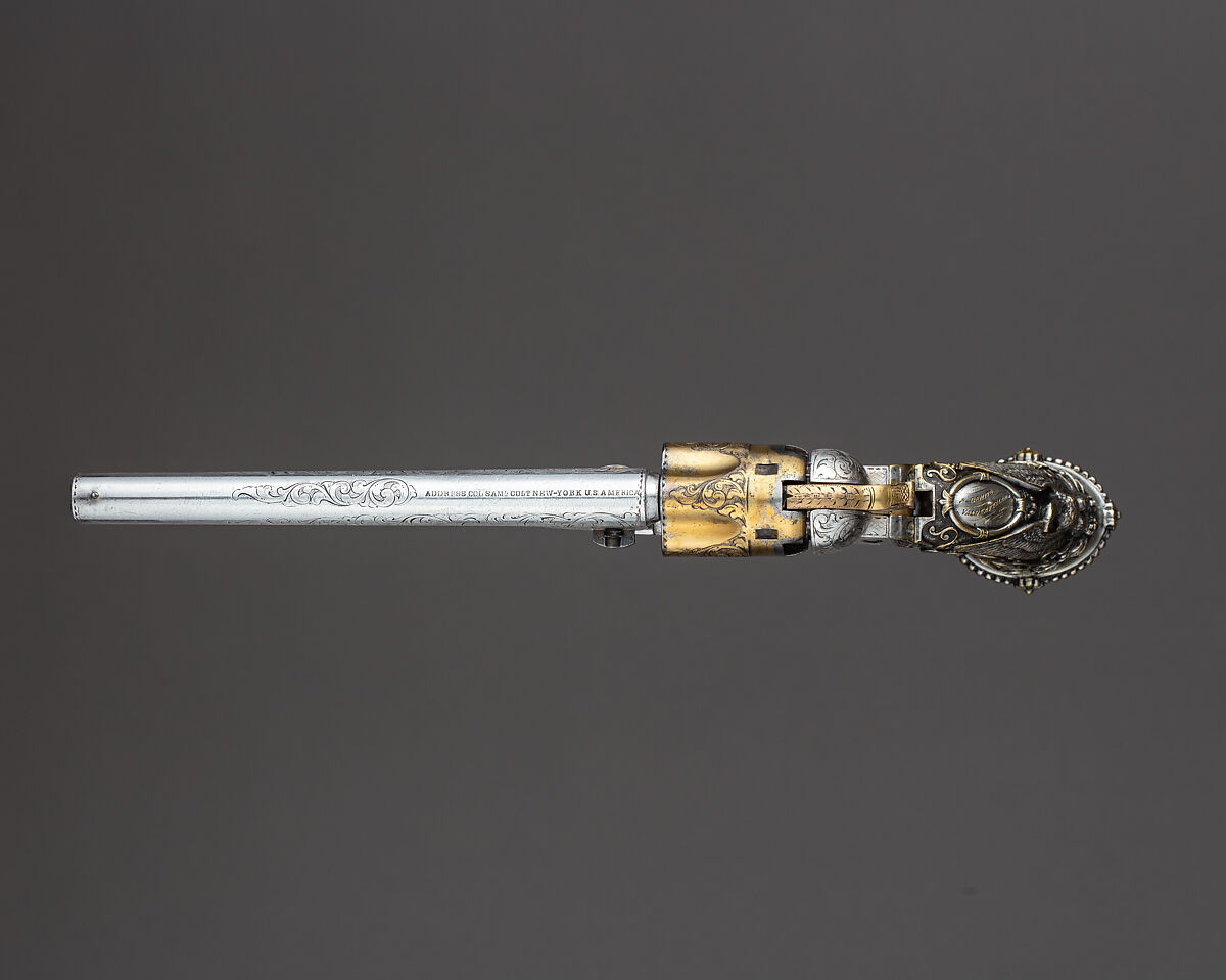 Cased Colt Model 1862 Police Revolver, Serial no. 9174, with Thuer Conversion for Self-contained Cartridges, and Accessories, Samuel Colt (American, Hartford, Connecticut 1814–1862), Steel, gold, silver, brass, wood (rosewood), textile, American, Hartford, Connecticut and New York