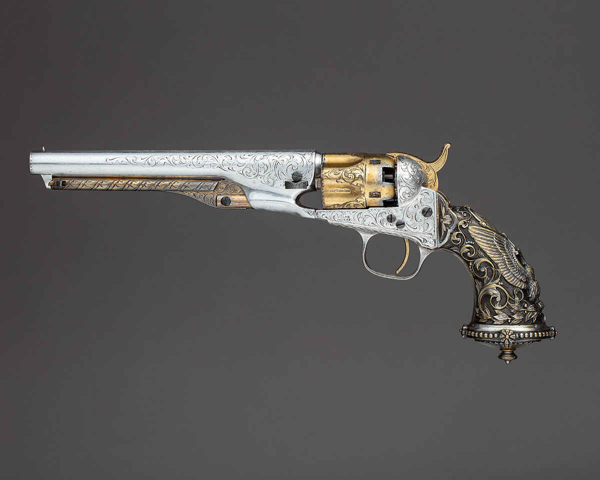 Cased Colt Model 1862 Police Revolver, Serial no. 9174, with Thuer Conversion for Self-contained Cartridges, and Accessories, Samuel Colt (American, Hartford, Connecticut 1814–1862), Steel, gold, silver, brass, wood (rosewood), textile, American, Hartford, Connecticut and New York