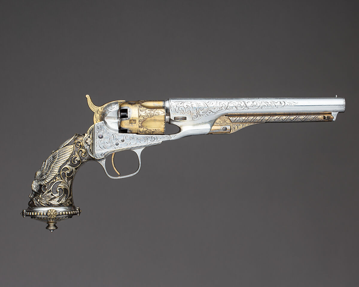 Cased Colt Model 1862 Police Revolver, Serial no. 9174, with Thuer Conversion for Self-contained Cartridges, and Accessories, Samuel Colt (American, Hartford, Connecticut 1814–1862), Steel, gold, silver, brass, wood (rosewood), textile, American, Hartford, Connecticut and New York