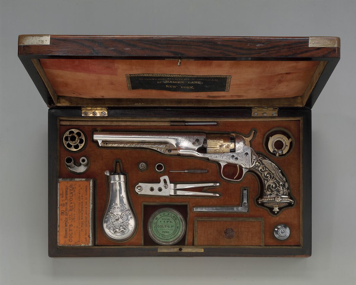 Cased Colt Model 1862 Police Revolver, Serial no. 9174, with Thuer Conversion for Self-contained Cartridges, and Accessories, Samuel Colt (American, Hartford, Connecticut 1814–1862), Steel, gold, silver, brass, wood (rosewood), textile, American, Hartford, Connecticut and New York 