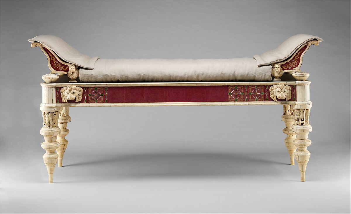 Couch and footstool with bone carvings and glass inlays, Wood, bone, glass, Roman