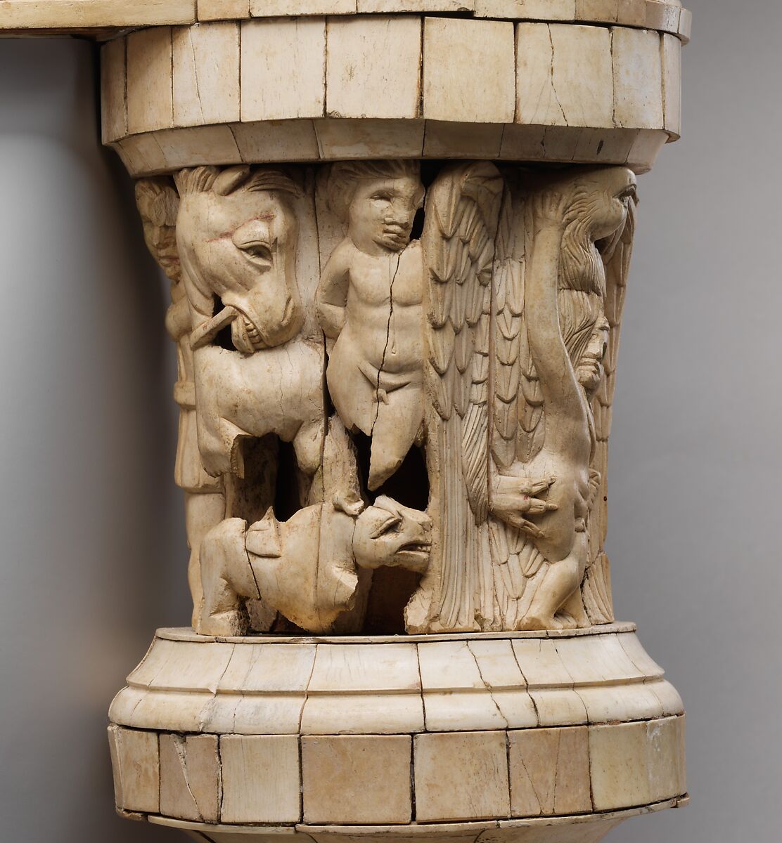 Couch and footstool with bone carvings and glass inlays, Wood, bone, glass, Roman