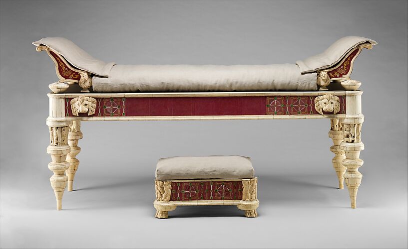 Couch and footstool with bone carvings and glass inlays