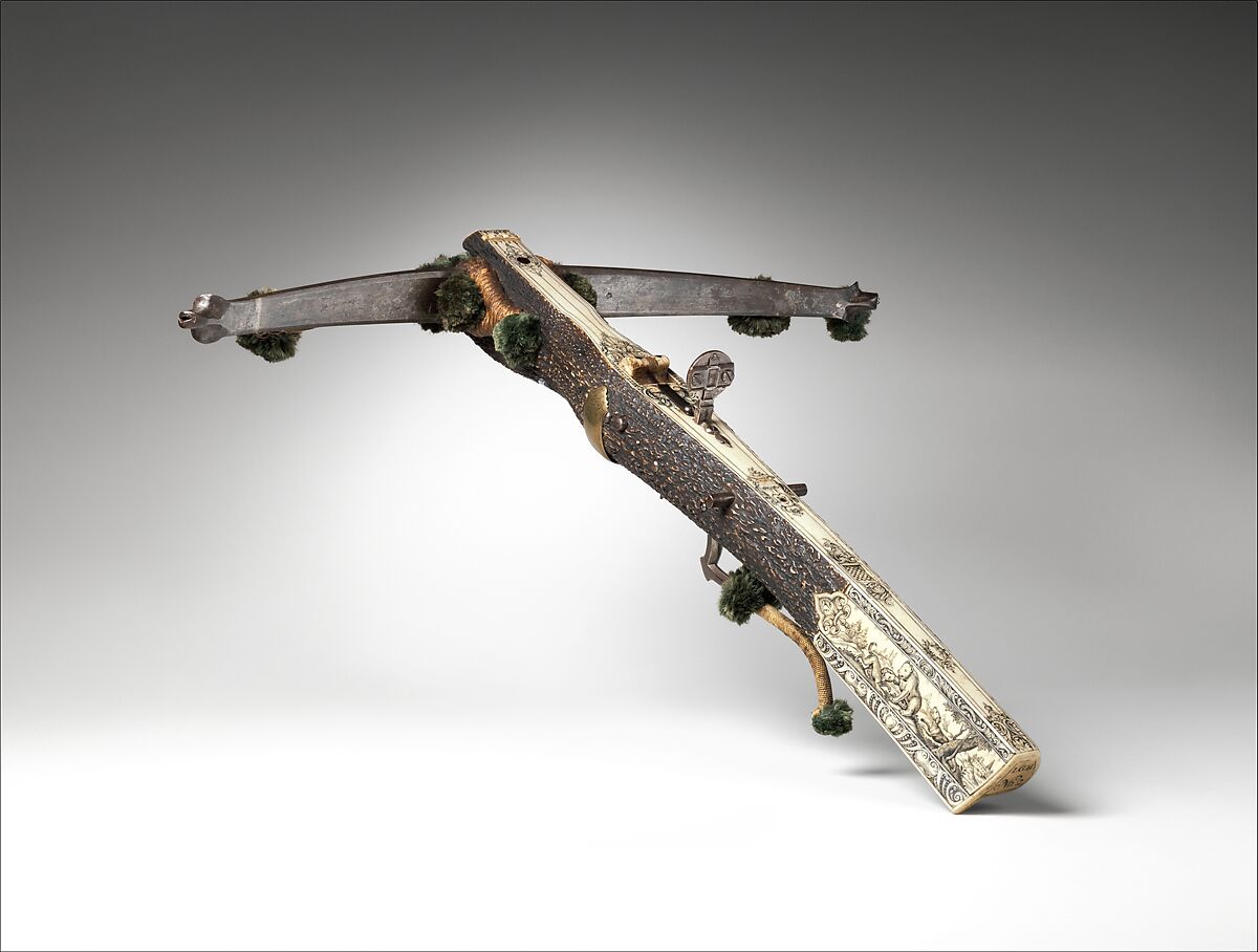 Crossbow (Halbe Rüstung) with Winder (Cranequin), Crossbow by Johann Gottfried Hänisch the Elder (German, Dresden 1696–1778), Steel, wood, staghorn, copper alloy, hemp, wool, gold, iron alloy, German, Dresden 