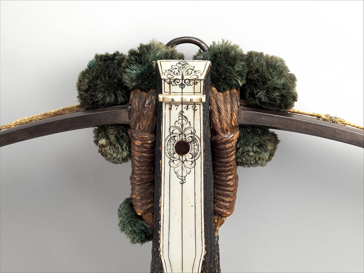 Crossbow (Halbe Rüstung) with Winder (Cranequin), Crossbow by Johann Gottfried Hänisch the Elder (German, Dresden 1696–1778), Steel, wood, staghorn, copper alloy, hemp, wool, gold, iron alloy, German, Dresden