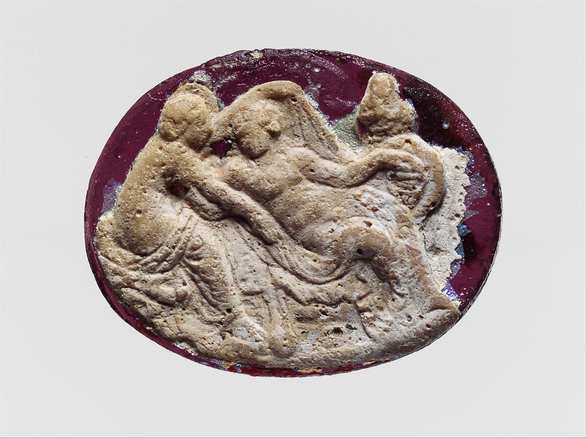 Glass cameo: Dionysos and a nymph, Glass ? opaque on blue [sic]; purple [CSL], Roman 