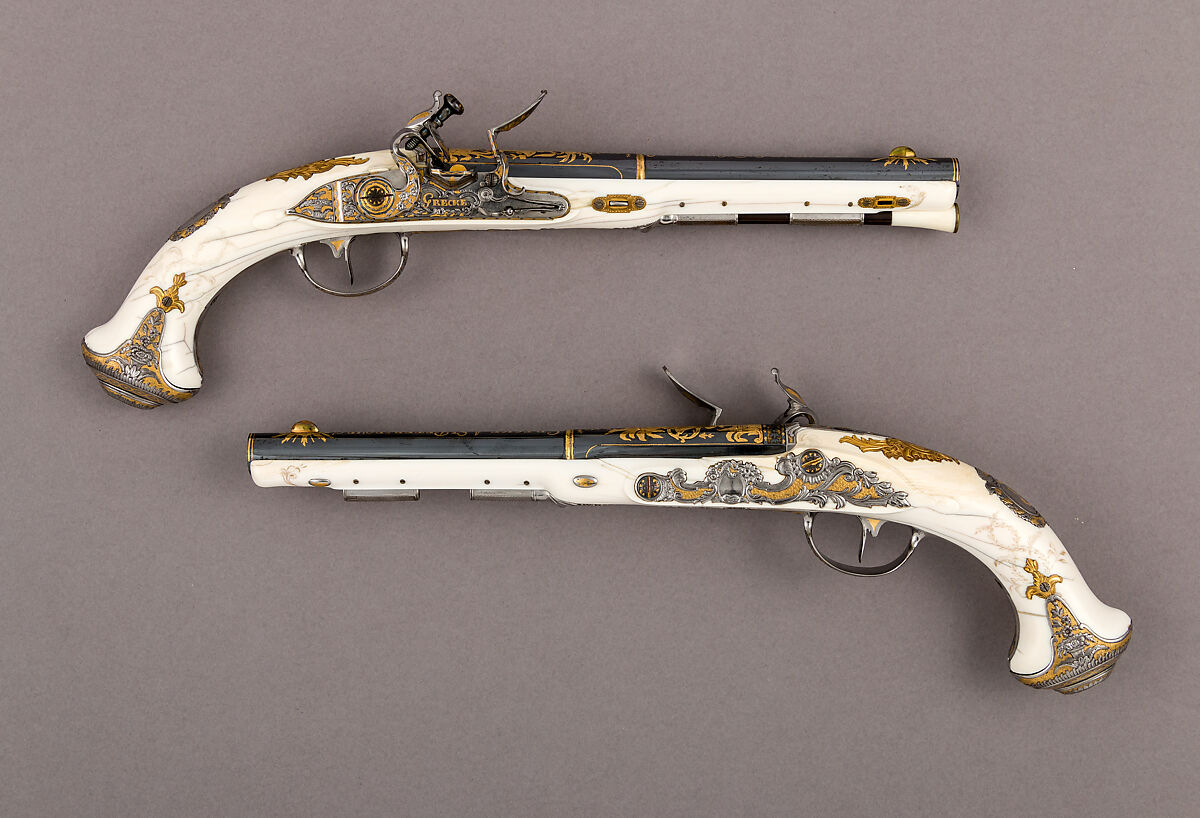 Pair of Flintlock Pistols of Empress Catherine the Great (1729–1796), Johan Adolph Grecke (Russian, Saint Petersburg, recorded 1755–90), Steel, ivory, gold, brass, Russian, Saint Petersburg 