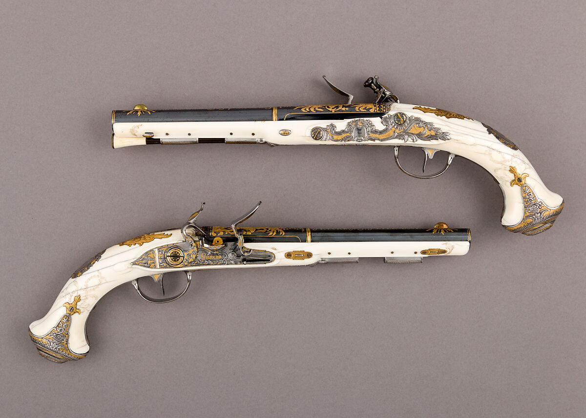 Pair of Flintlock Pistols of Empress Catherine the Great (1729–1796), Johan Adolph Grecke (Russian, Saint Petersburg, recorded 1755–90), Steel, ivory, gold, brass, Russian, Saint Petersburg