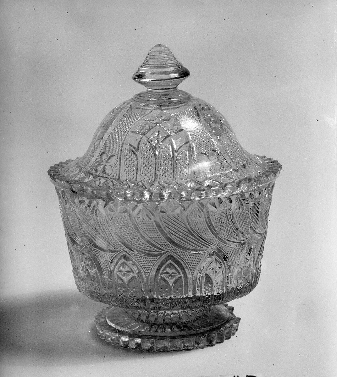 Covered Sugar Bowl, Lacy pressed glass, American 