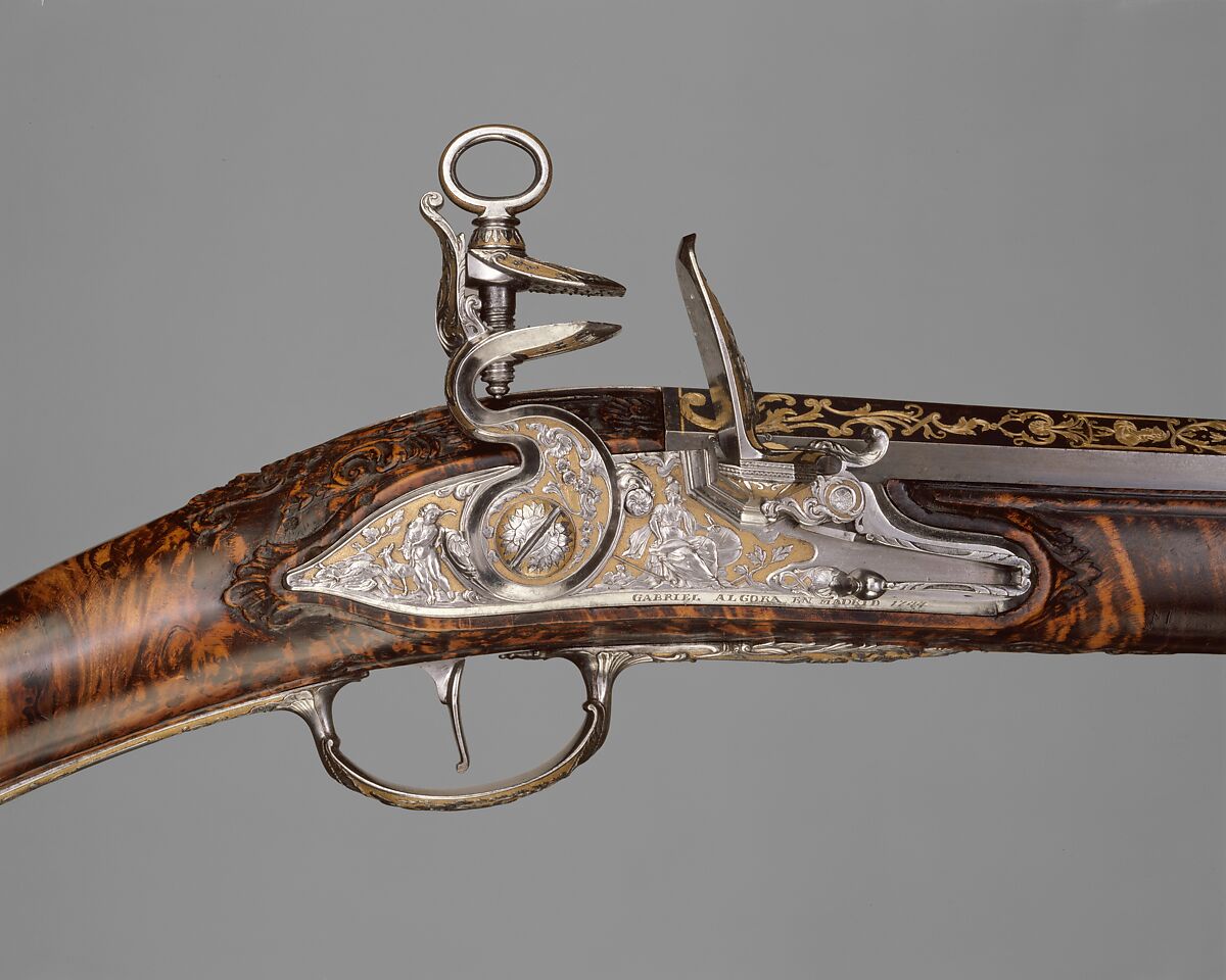 Gun with Flintlock a la moda, Gabriel de Algora (Spanish, Madrid, documented 1733–died 1761), Steel, gold, wood, Spanish, Madrid