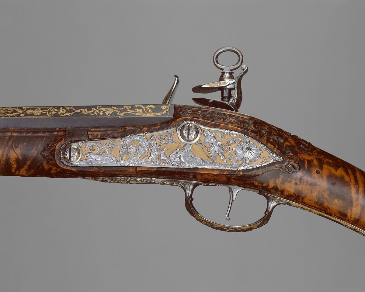 Gun with Flintlock a la moda, Gabriel de Algora (Spanish, Madrid, documented 1733–died 1761), Steel, gold, wood, Spanish, Madrid