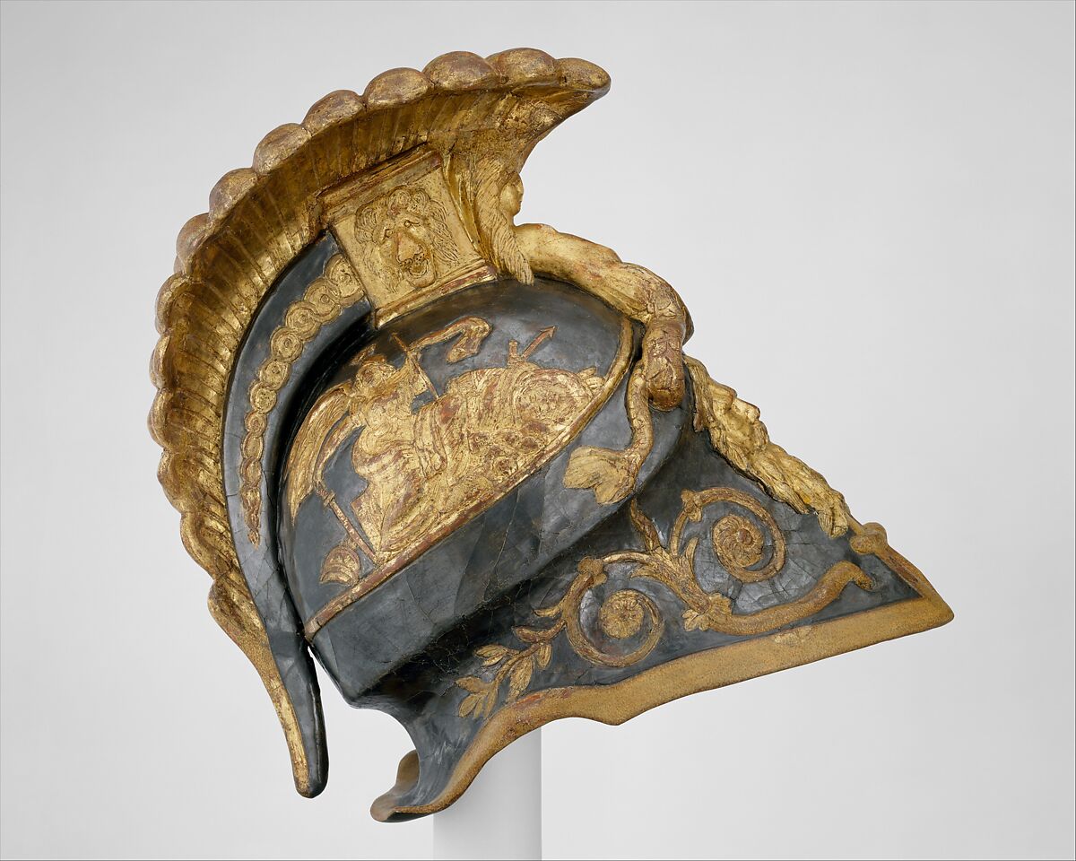 Costume Armor in the Classical Style, Helmet includes original paper label of Hallé (French, Paris, active ca. 1780–1800), Helmet: linen, papier-mâché, bole, gold leaf, graphite; tunic: silk, cotton, metal coils and spangles, metallic yarn, French, Paris
