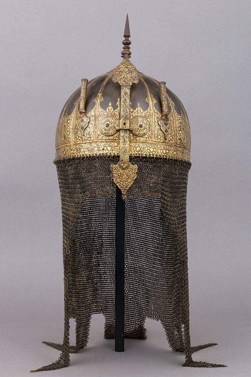 Helmet, Steel, brass, gold, textile, metallic thread, Indian, Mughal