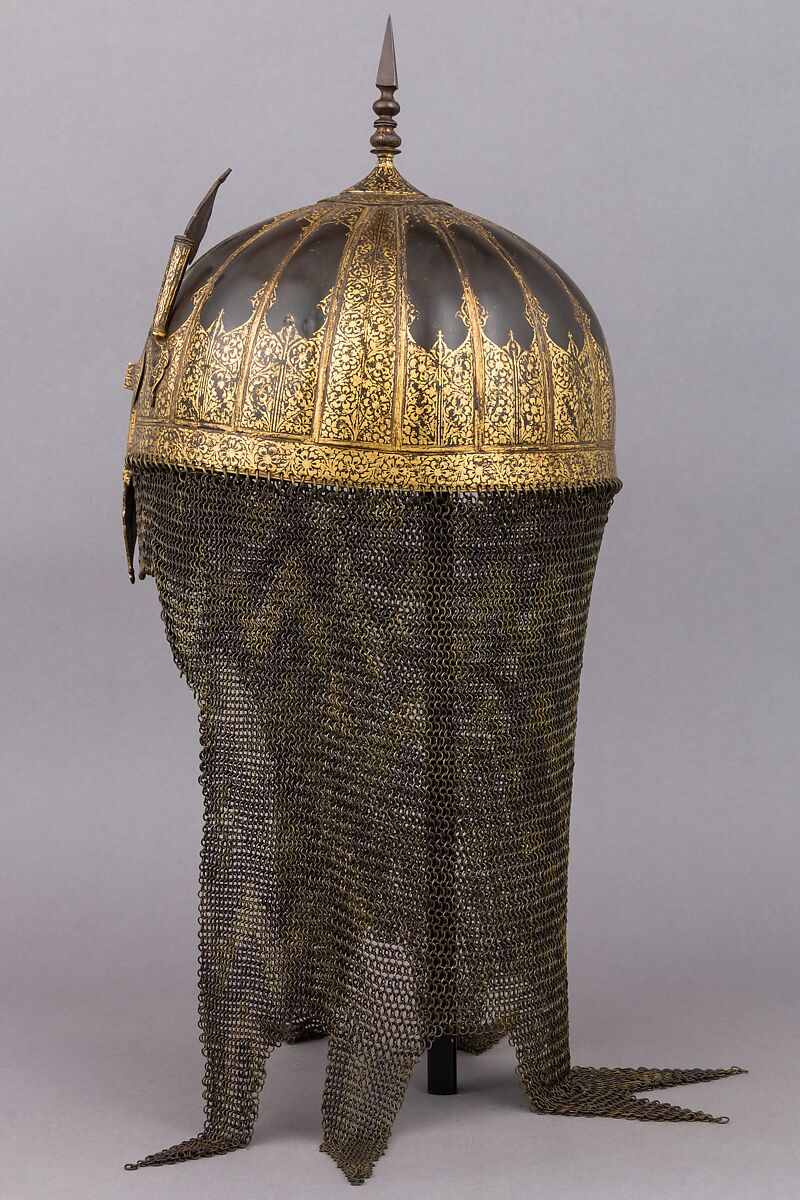 Helmet, Steel, brass, gold, textile, metallic thread, Indian, Mughal