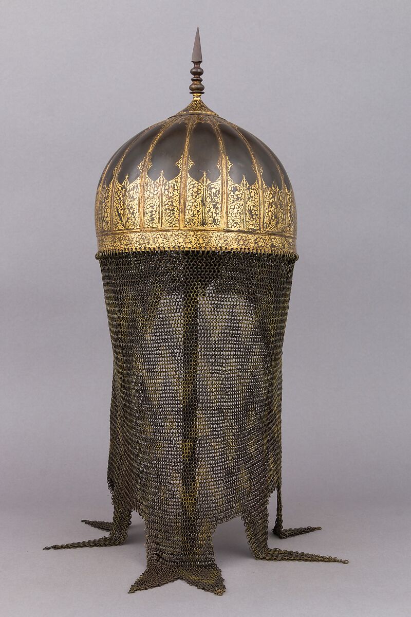Helmet, Steel, brass, gold, textile, metallic thread, Indian, Mughal