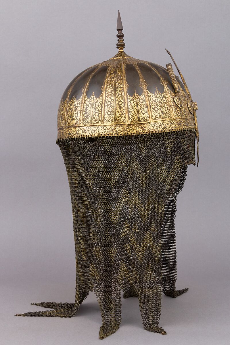 Helmet, Steel, brass, gold, textile, metallic thread, Indian, Mughal