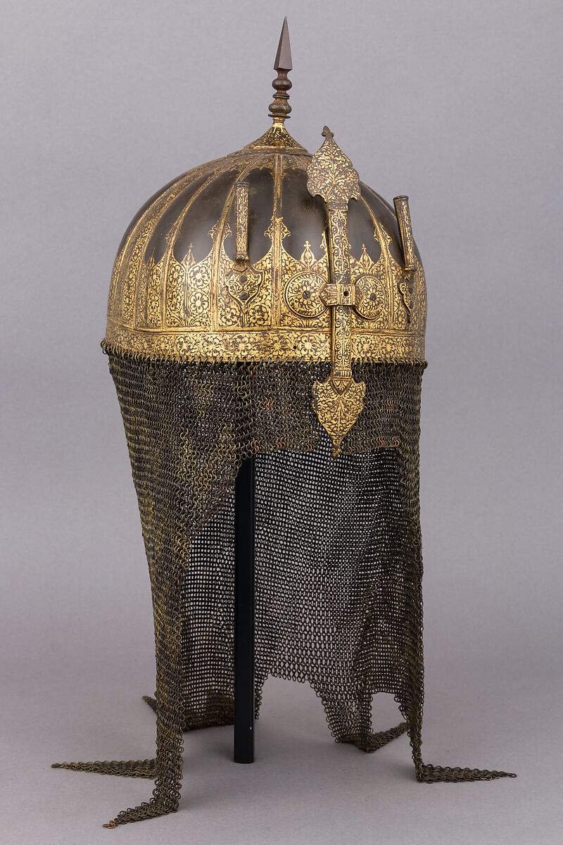 Helmet, Steel, brass, gold, textile, metallic thread, Indian, Mughal 