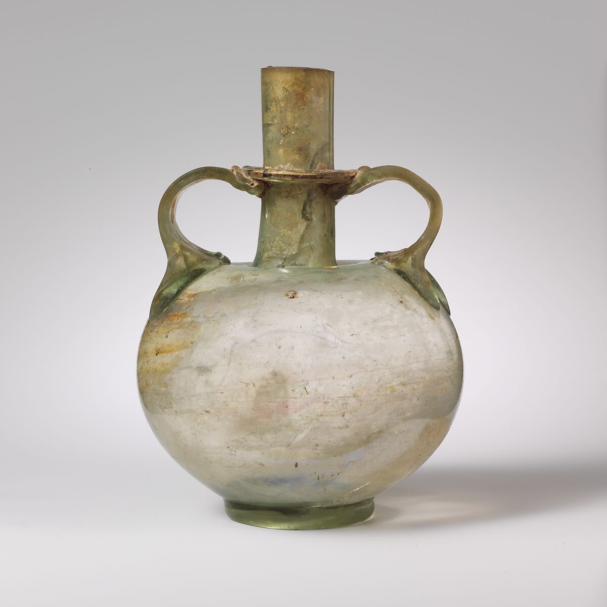 Glass bottle with two handles, Glass, Roman 