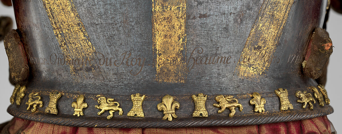 Armor of Infante Luis, Prince of Asturias (1707–1724), Signature probably refers to Jean Drouart (French, Paris, died before October 1715), Steel, gold, brass, silk, cotton, metallic yarn, paper, French, Paris