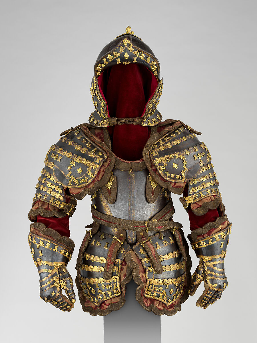 Armor of Infante Luis, Prince of Asturias (1707–1724), Signature probably refers to Jean Drouart (French, Paris, died before October 1715), Steel, gold, brass, silk, cotton, metallic yarn, paper, French, Paris