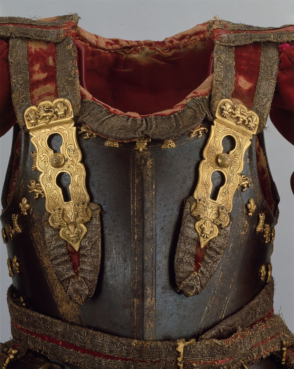 Armor of Infante Luis, Prince of Asturias (1707–1724), Signature probably refers to Jean Drouart (French, Paris, died before October 1715), Steel, gold, brass, silk, cotton, metallic yarn, paper, French, Paris