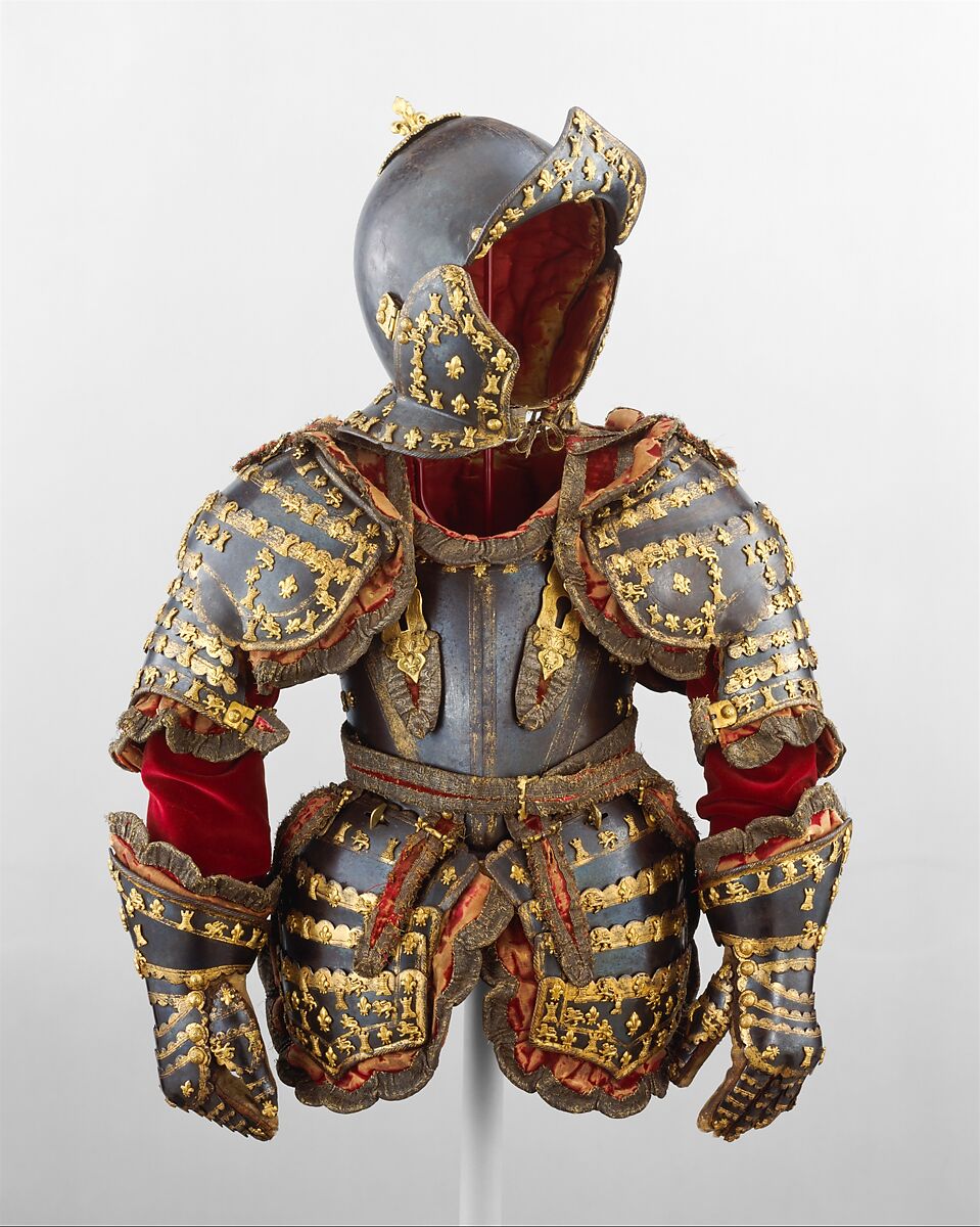 Armor of Infante Luis, Prince of Asturias (1707–1724), Signature probably refers to Jean Drouart (French, Paris, died before October 1715), Steel, gold, brass, silk, cotton, metallic yarn, paper, French, Paris 