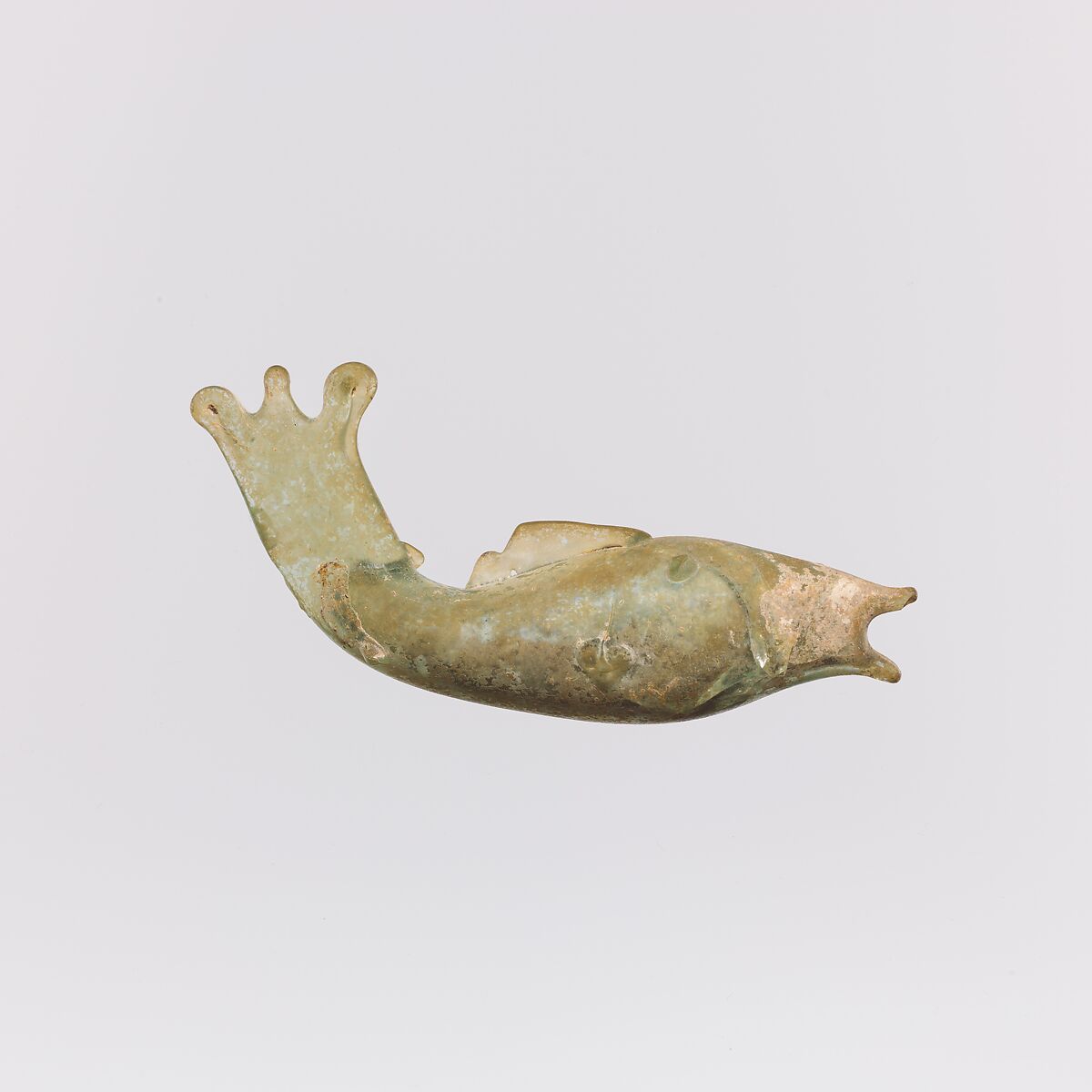 Glass bottle in the shape of a fish, Glass, Roman